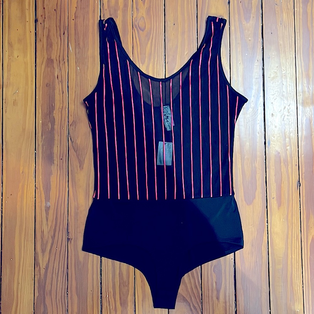 Black and Red Striped Body Suit